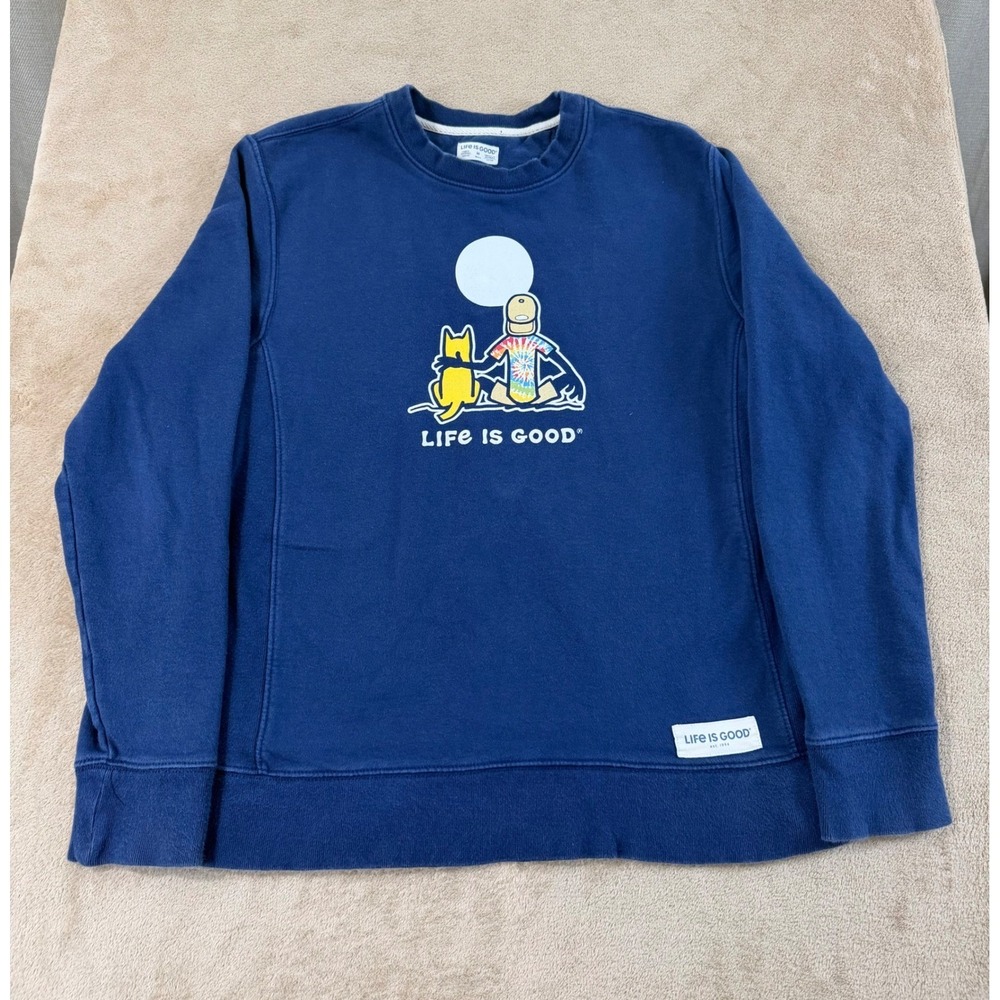 Life Is Good Dog Man Sweatshirt Mens Size M Blue Graphic Crewneck Dog Moon EUC